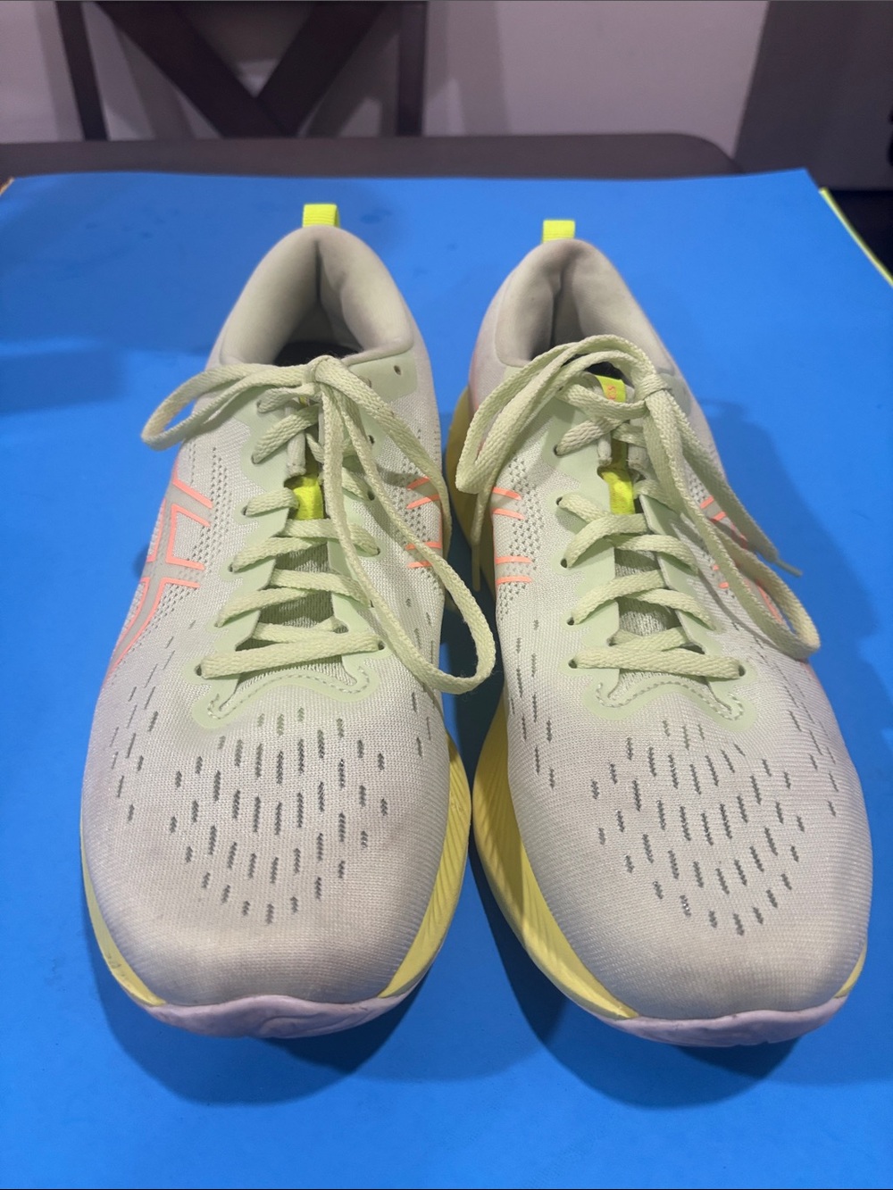 Asics Men’s  Gel Running Shoes. Lime Green With Coral Accents.